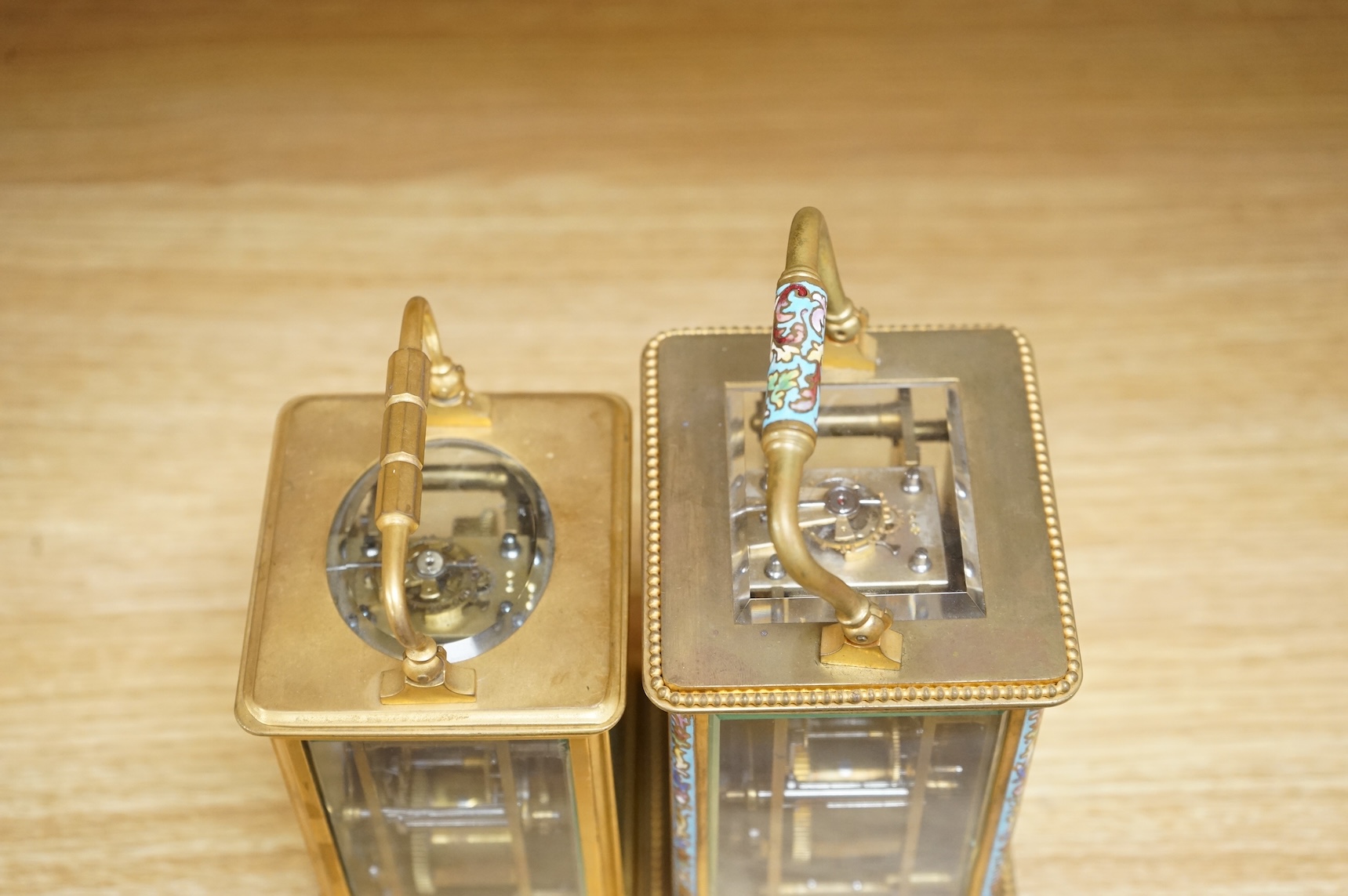 Two French carriage clocks, one champlevé enamelled, tallest 15cm